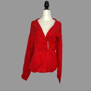 💛 L 💛 NWT Anthro Blouse Pintucked Sequins Beads Red Long Sleeves​